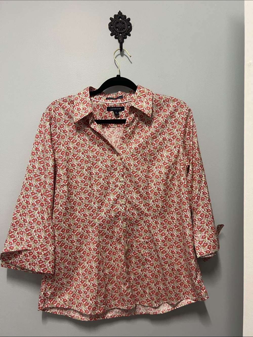 Lands' End Red & Cream Floral Button-Down Shirt 12